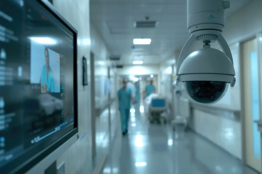 Um corredor de hospital com uma câmera de vigilância, ilustrando a segurança em hospitais.