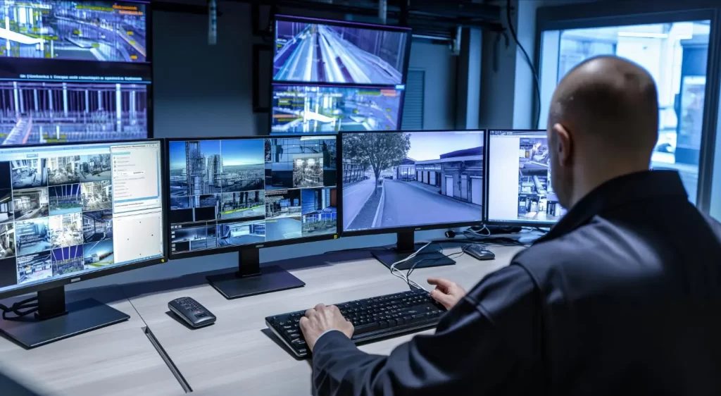 Profissional de controle de segurança monitorando câmeras de vigilância em diversas áreas