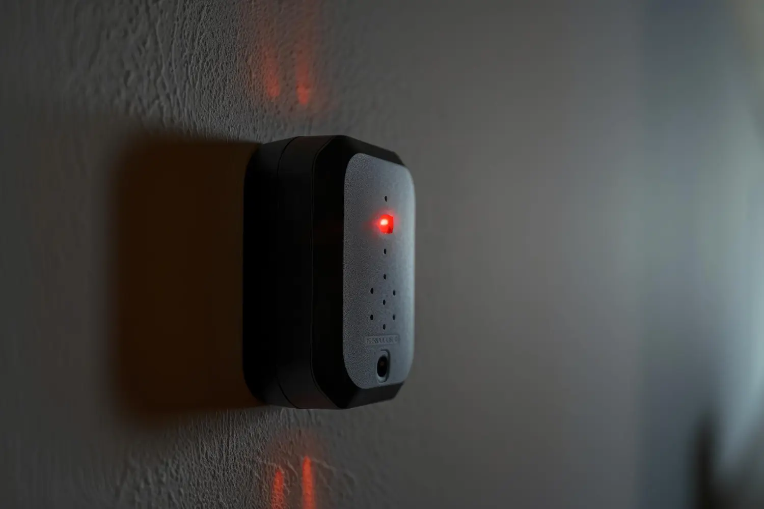 Alarme de intrusão instalado em parede de residência pisca uma luz vermelha