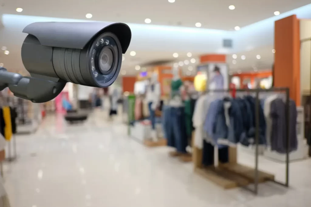 Câmera de segurança comercial fazendo vigilância de uma loja de roupas no shopping