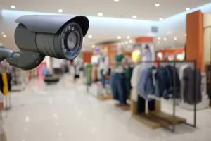 Câmera de segurança comercial fazendo vigilância de uma loja de roupas no shopping