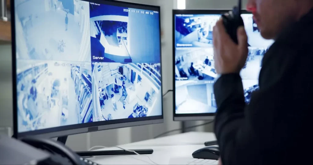 Vigilante fala pelo rádio enquanto faz o monitoramento de empresa por meio de circuito de câmeras de segurança