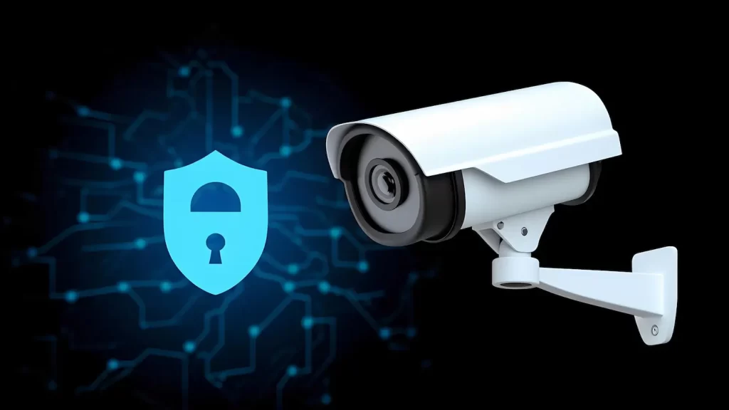 Câmera de vigilância ao lado de ícone de escudo de proteção, simbolizando sistema de segurança inteligente