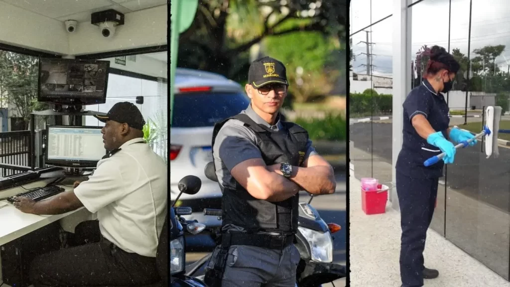 Profissionais de facilities integradas fazendo serviços de limpeza, portaria e vigilância