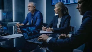 Gestores discutindo plano de segurança patrimonial durante reunião empresarial