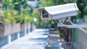 Imagem de uma câmera de segurança com revestimento de metal fazendo proteção perimetral em uma área externa com árvores.