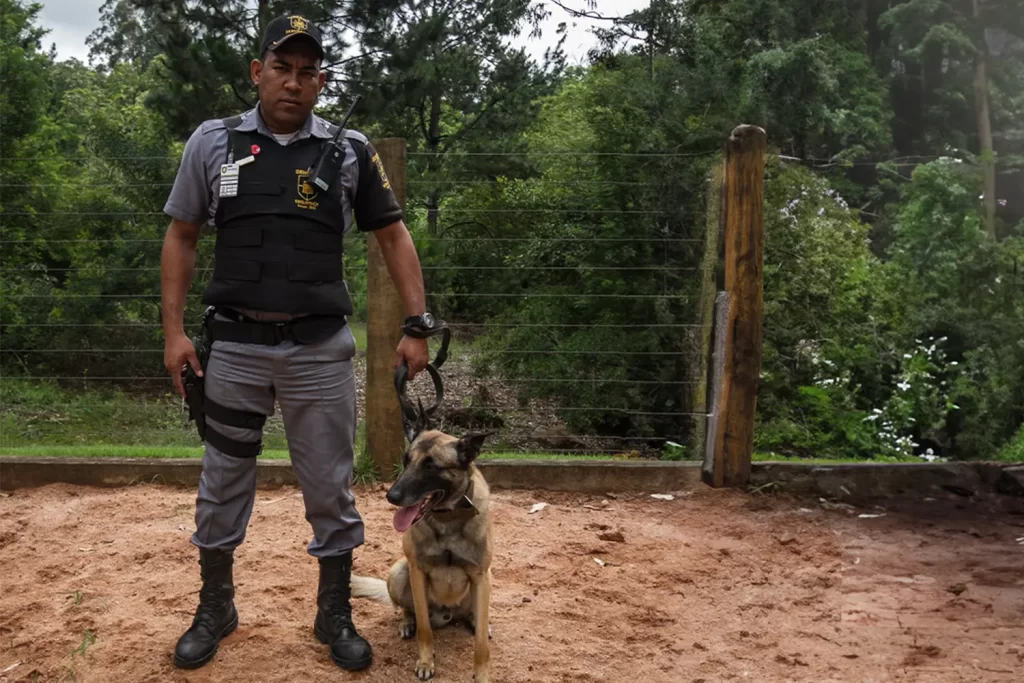 Um vigilante patrimonial armado durante ronda com cão treinado