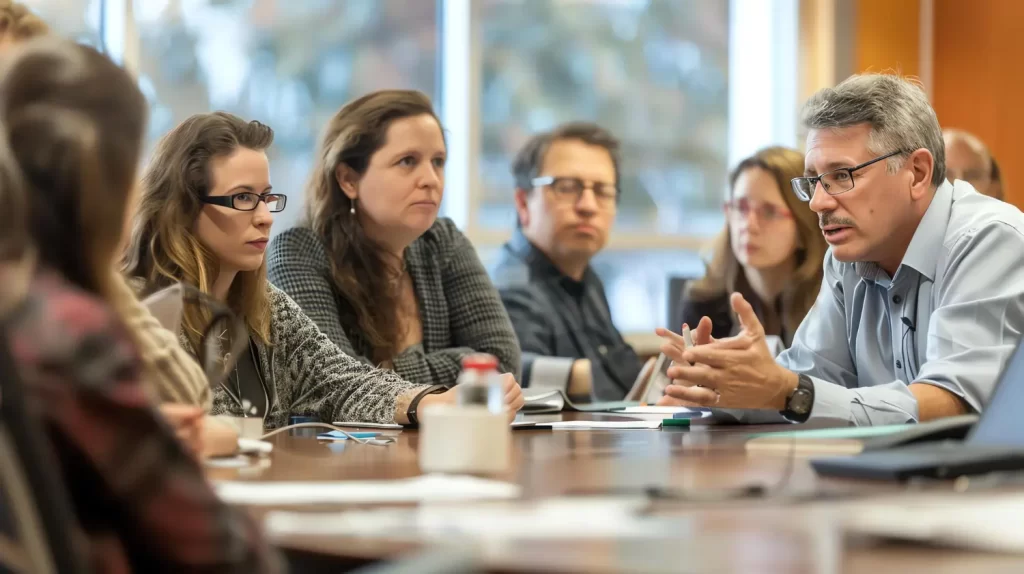 Grupo de pessoas debatendo em mesa durante reunião de moradores para análise de riscos em condomínio