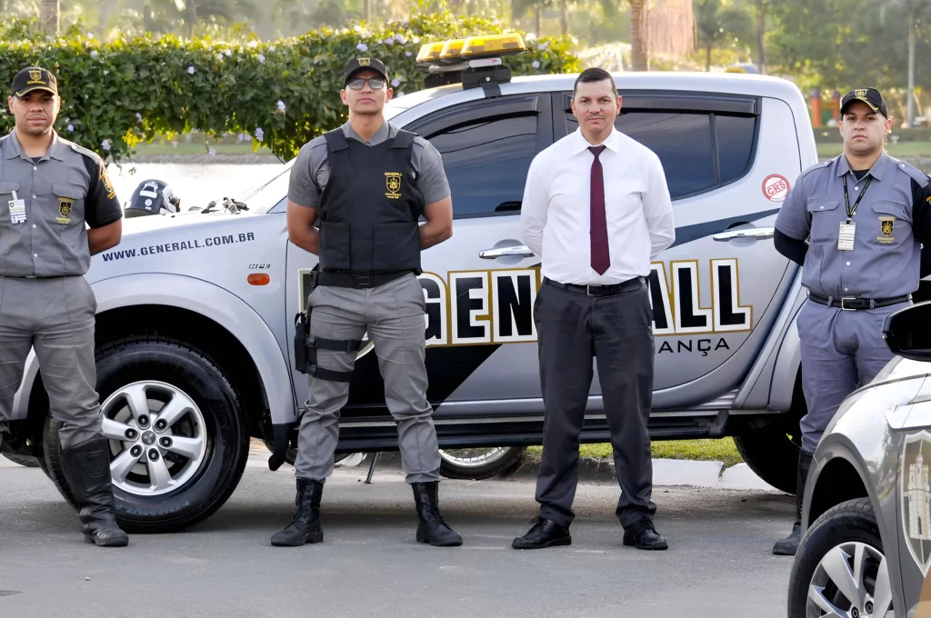 Vigilantes uniformizados em posição, ilustrando como contratar empresa de segurança terceirizada