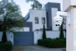 Uma câmera de segurança, com casa ao fundo, ilustrando como aumentar a segurança residencial