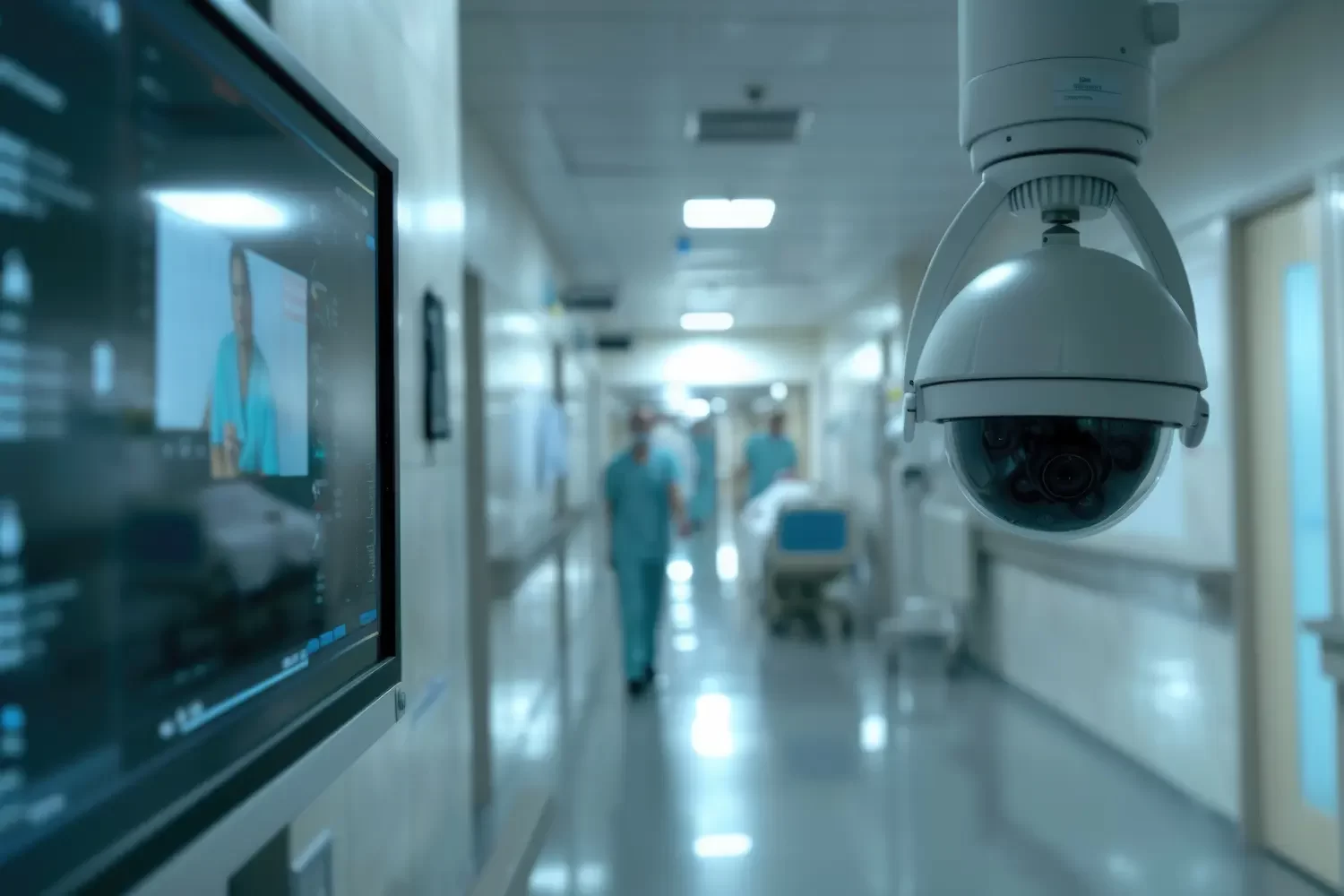Um corredor de hospital com uma câmera de vigilância, ilustrando a segurança em hospitais.