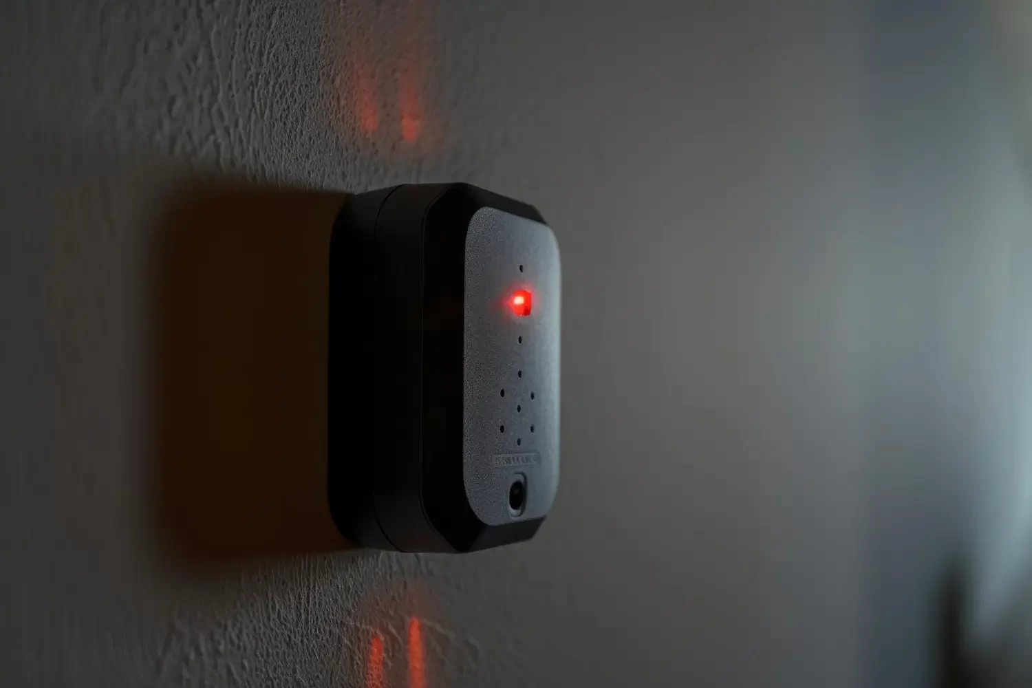 Alarme de intrusão instalado em parede de residência pisca uma luz vermelha